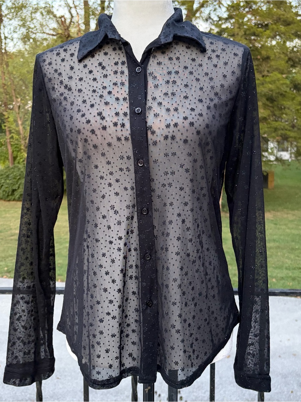 Vintage 90s Y2K Grunge Corporate Goth Office Siren Sheer Floral Shirt Womens M